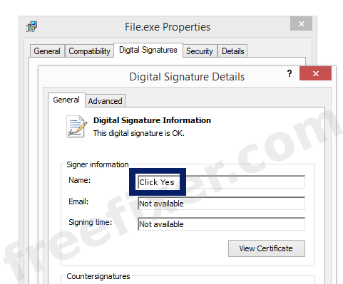 Screenshot of the Click Yes certificate